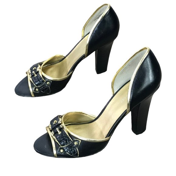 Nine West Women Shoes Black Gold Leather Peep Toe Pumps Heels US Size 7.5 7.5M - Picture 12 of 12